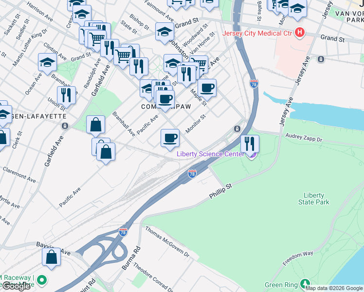 map of restaurants, bars, coffee shops, grocery stores, and more near in Jersey City