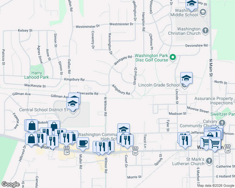 map of restaurants, bars, coffee shops, grocery stores, and more near Washington Recreation Trail in Washington