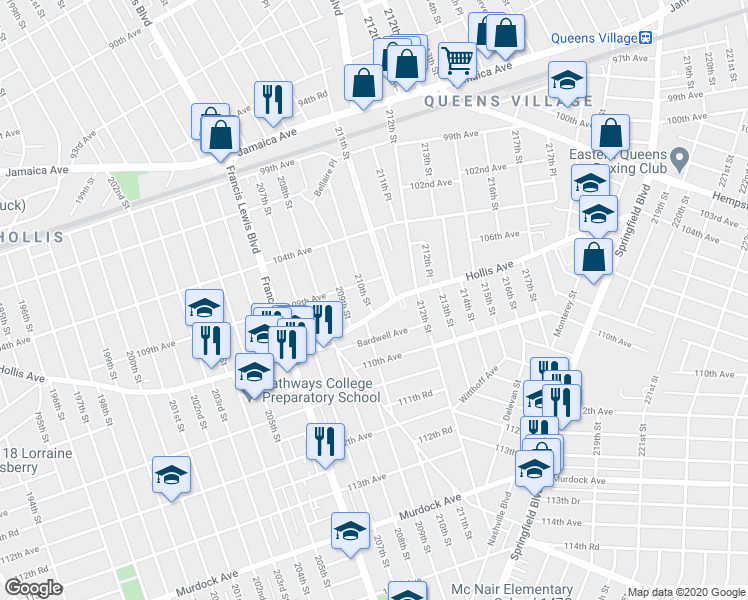map of restaurants, bars, coffee shops, grocery stores, and more near 109-19 210th Street in Queens