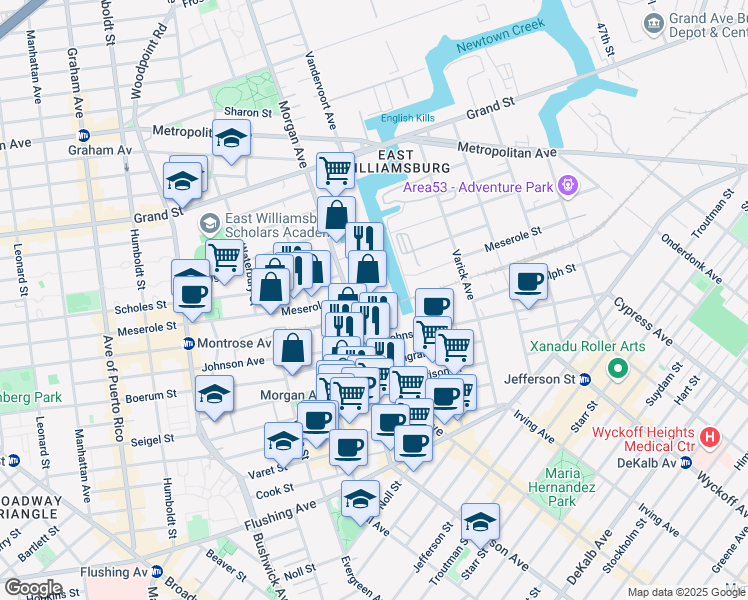map of restaurants, bars, coffee shops, grocery stores, and more near 134 Morgan Avenue in Brooklyn