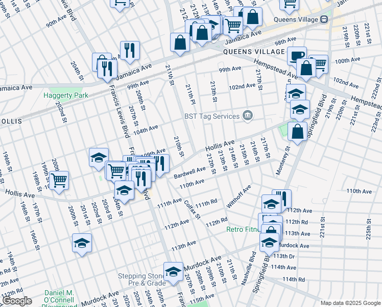 map of restaurants, bars, coffee shops, grocery stores, and more near 209-30 Hollis Avenue in Queens