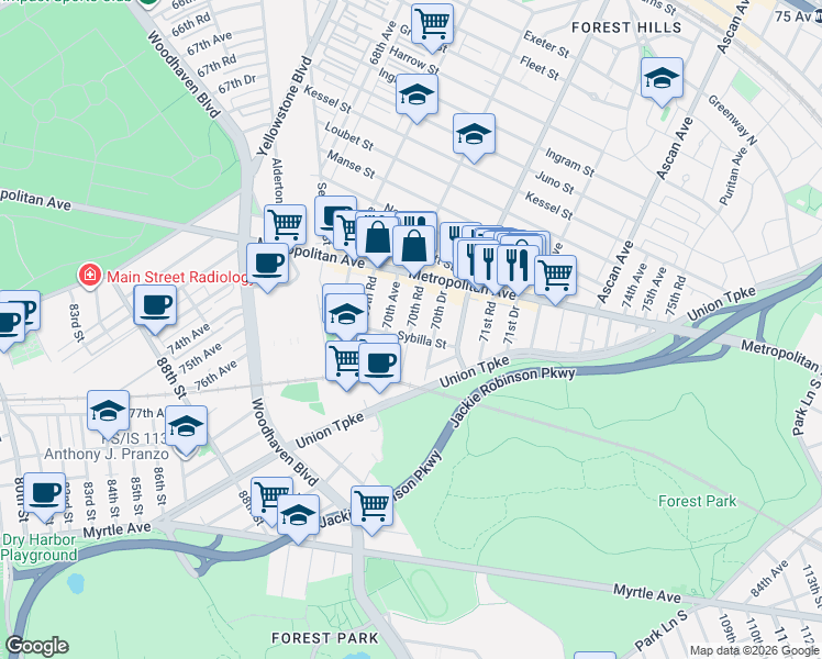 map of restaurants, bars, coffee shops, grocery stores, and more near 70-42 Sybilla Street in Queens
