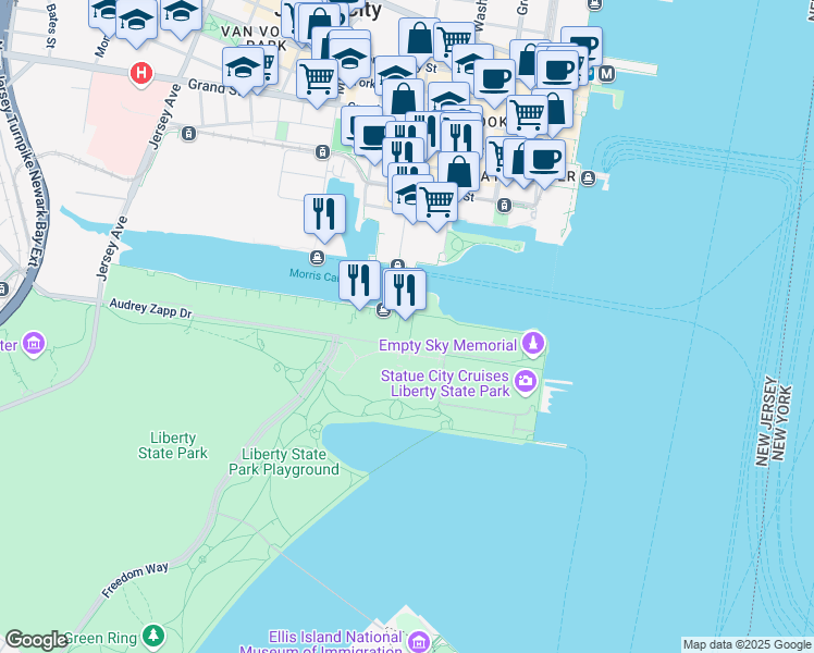 map of restaurants, bars, coffee shops, grocery stores, and more near 76 Audrey Zapp Drive in Jersey City