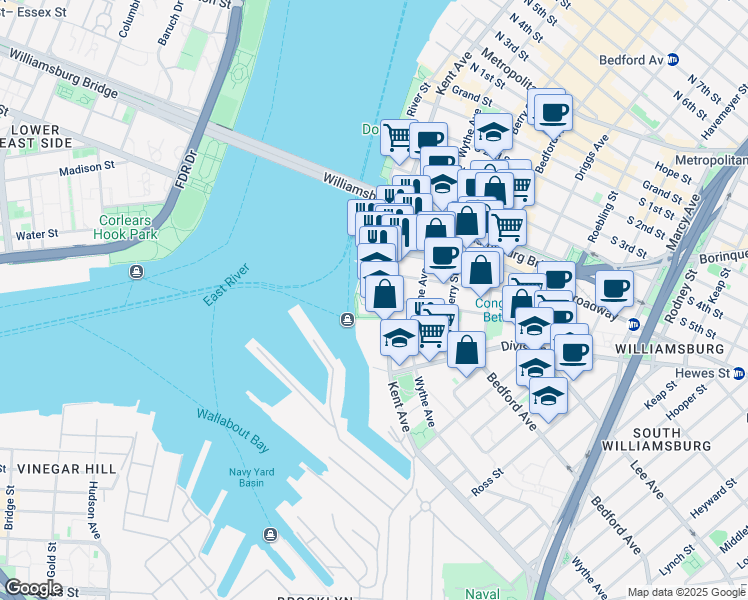map of restaurants, bars, coffee shops, grocery stores, and more near 484 Kent Avenue in Brooklyn