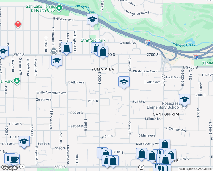 map of restaurants, bars, coffee shops, grocery stores, and more near 2047 Sierra View Circle in Salt Lake City