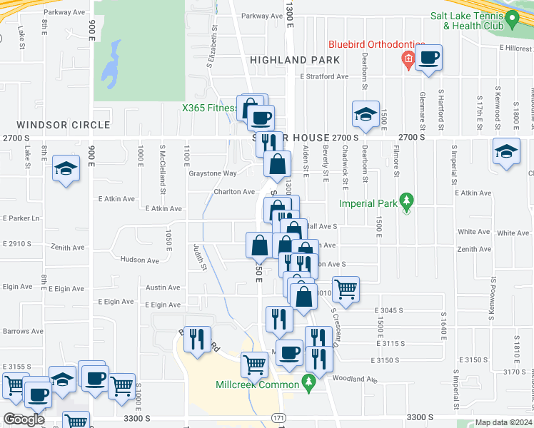 map of restaurants, bars, coffee shops, grocery stores, and more near 1264 Crandall Avenue South in Salt Lake City