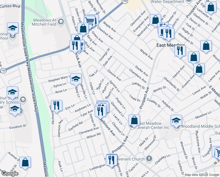 map of restaurants, bars, coffee shops, grocery stores, and more near 434 Poplar Lane in East Meadow