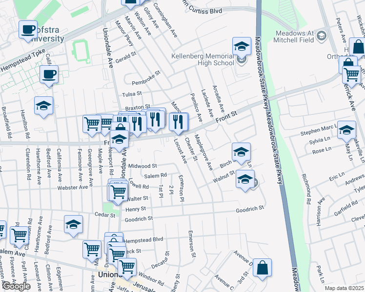 map of restaurants, bars, coffee shops, grocery stores, and more near 331 Locust Avenue in Uniondale