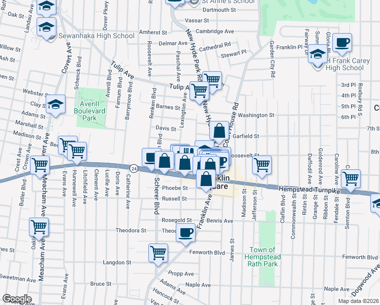 map of restaurants, bars, coffee shops, grocery stores, and more near 1038 Lloyd Street in Franklin Square