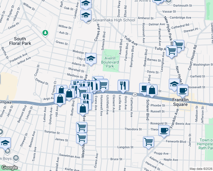map of restaurants, bars, coffee shops, grocery stores, and more near 1276 Hempstead Turnpike in Elmont