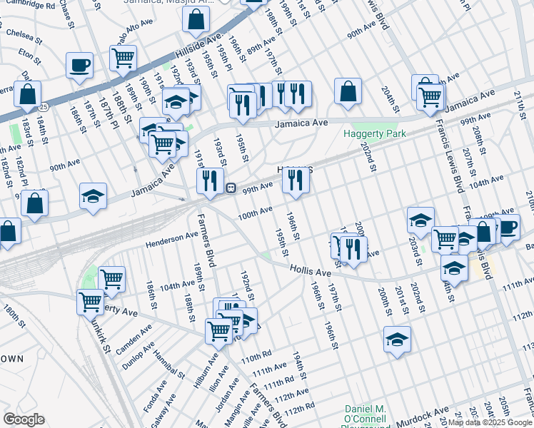 map of restaurants, bars, coffee shops, grocery stores, and more near 100-34 195th Street in Queens