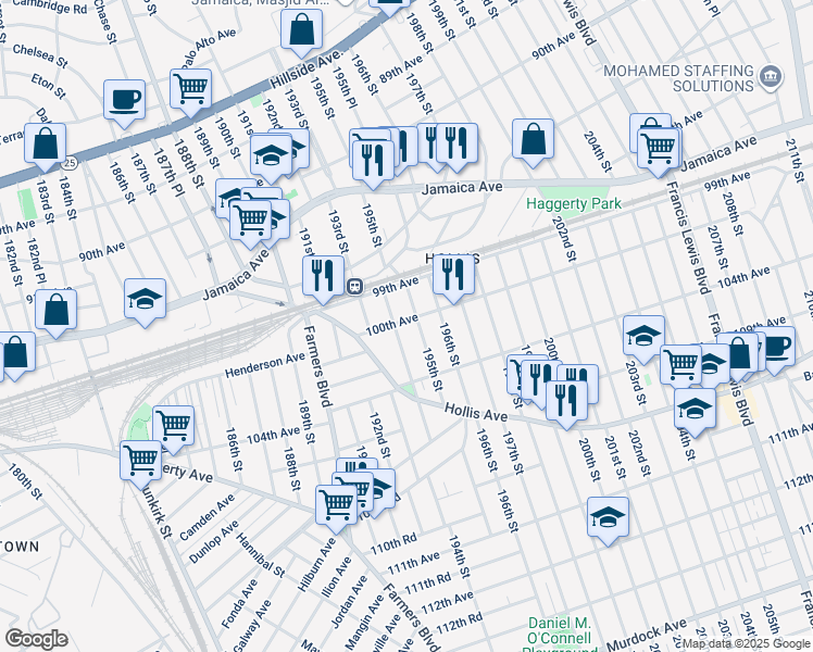 map of restaurants, bars, coffee shops, grocery stores, and more near 100-34 195th Street in Queens