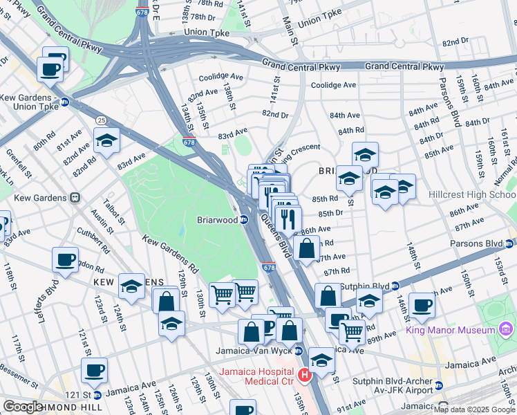 map of restaurants, bars, coffee shops, grocery stores, and more near in Queens