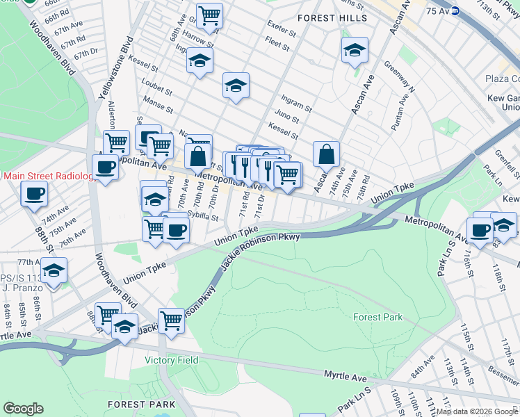 map of restaurants, bars, coffee shops, grocery stores, and more near 93-03 71st Drive in Queens
