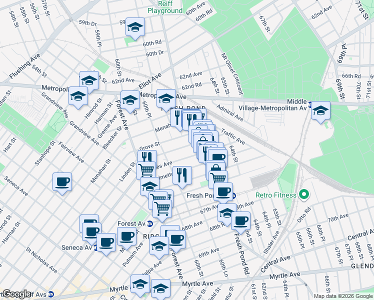 map of restaurants, bars, coffee shops, grocery stores, and more near 60-24 Gates Avenue in Queens