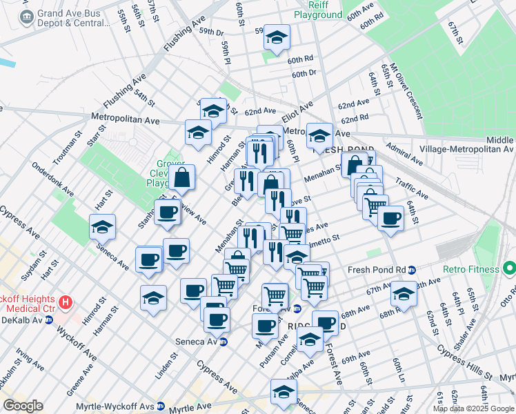 map of restaurants, bars, coffee shops, grocery stores, and more near 21-12 Grove Street in Queens