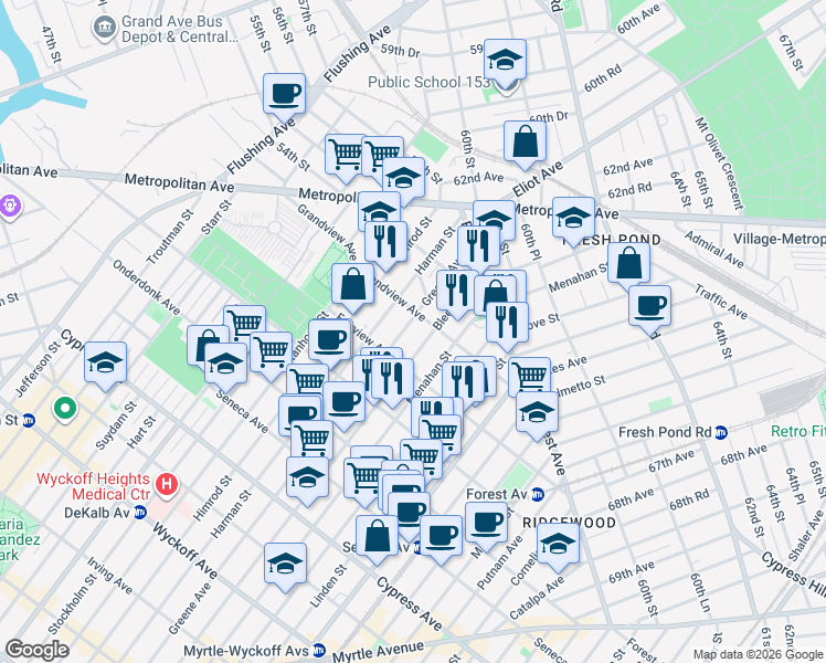 map of restaurants, bars, coffee shops, grocery stores, and more near 20-13 Bleecker Street in Queens