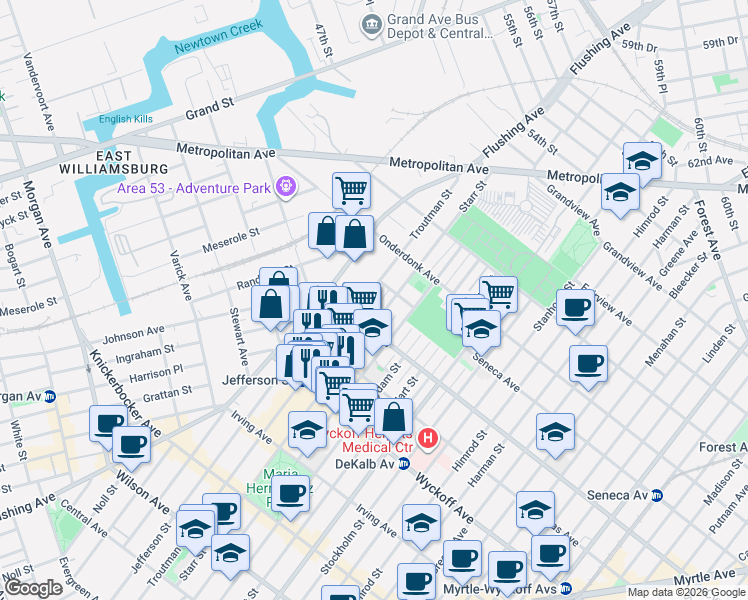 map of restaurants, bars, coffee shops, grocery stores, and more near in Queens