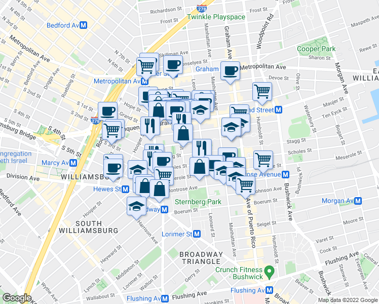 map of restaurants, bars, coffee shops, grocery stores, and more near in Brooklyn