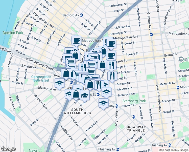 map of restaurants, bars, coffee shops, grocery stores, and more near 338 South 4th Street in Brooklyn