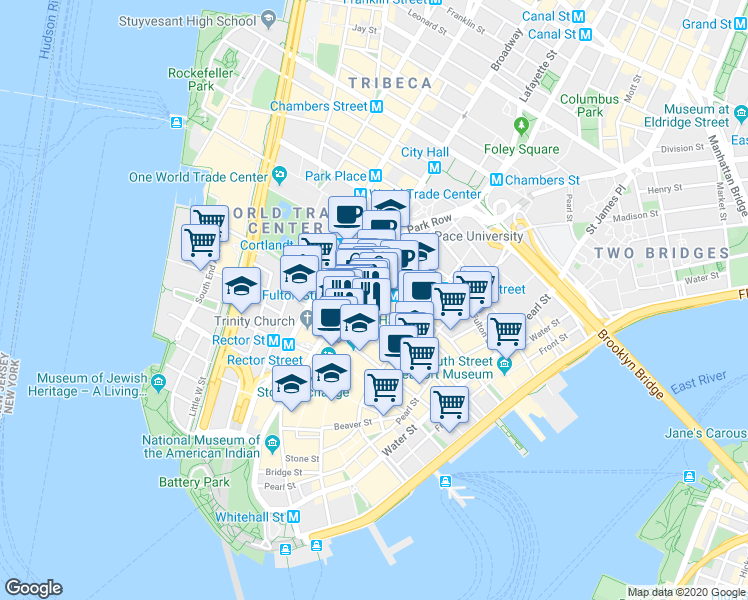 map of restaurants, bars, coffee shops, grocery stores, and more near 28 Liberty Street in New York