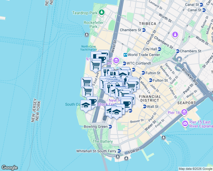 map of restaurants, bars, coffee shops, grocery stores, and more near 13-21 Rector Street in New York