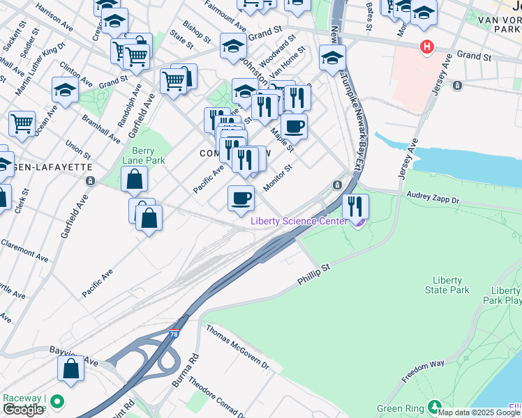 map of restaurants, bars, coffee shops, grocery stores, and more near in Jersey City