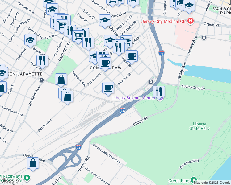 map of restaurants, bars, coffee shops, grocery stores, and more near in Jersey City
