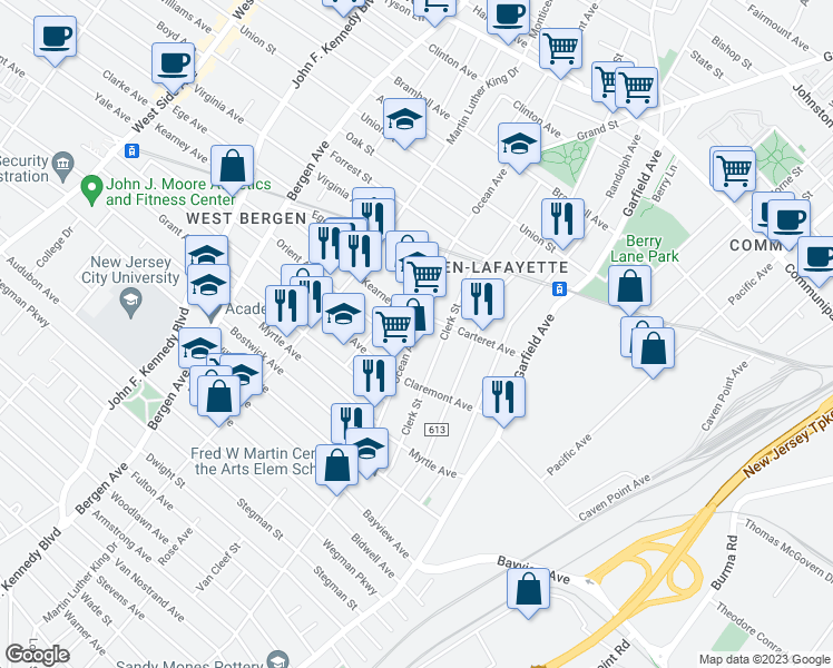 map of restaurants, bars, coffee shops, grocery stores, and more near 131 Clerk Street in Jersey City