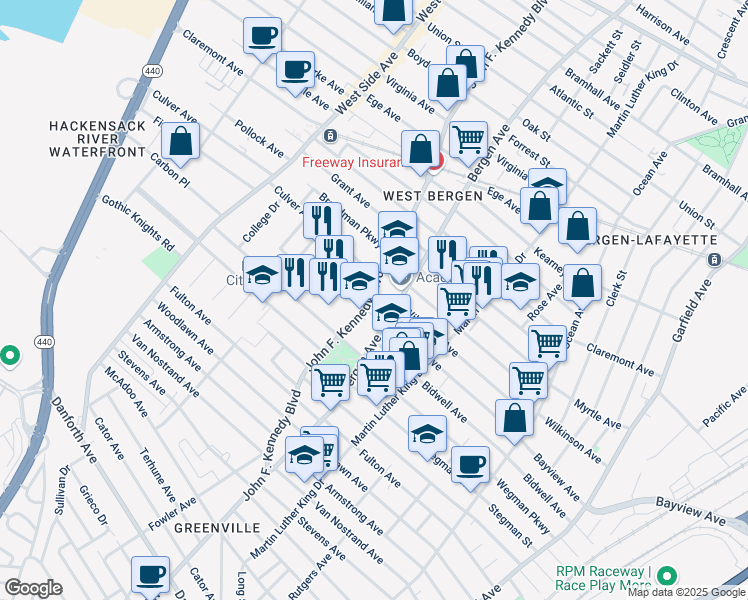 map of restaurants, bars, coffee shops, grocery stores, and more near 176 Bergen Avenue in Jersey City