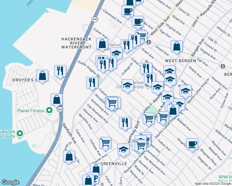 map of restaurants, bars, coffee shops, grocery stores, and more near 362 Fulton Avenue in Jersey City