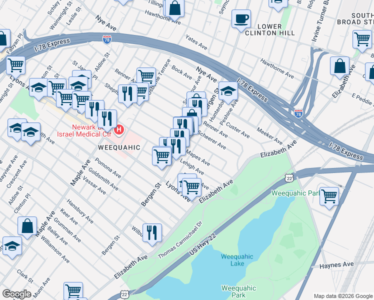 map of restaurants, bars, coffee shops, grocery stores, and more near 77 Lehigh Avenue in Newark