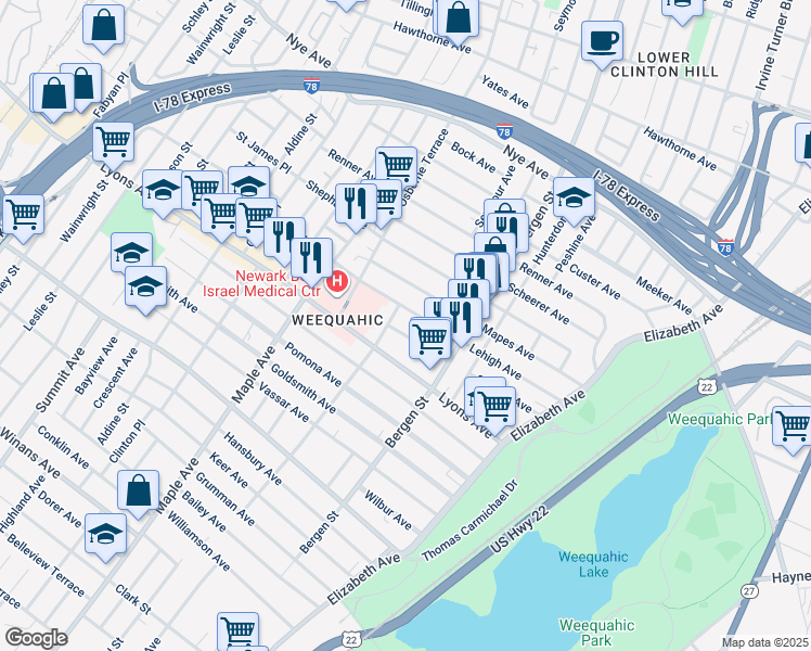 map of restaurants, bars, coffee shops, grocery stores, and more near 32 Harding Terrace in Newark