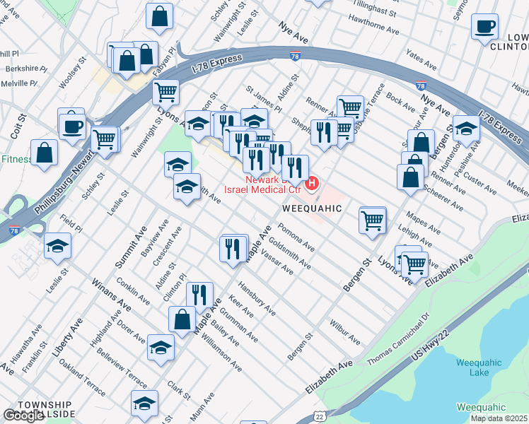 map of restaurants, bars, coffee shops, grocery stores, and more near in Newark