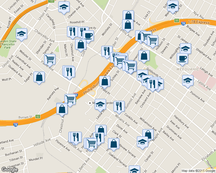 map of restaurants, bars, coffee shops, grocery stores, and more near 390 Schley Street in Newark