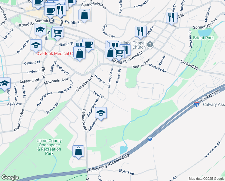 map of restaurants, bars, coffee shops, grocery stores, and more near 64 Ashwood Avenue in Summit