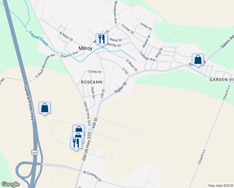 map of restaurants, bars, coffee shops, grocery stores, and more near 214 Sigler Street in Milroy