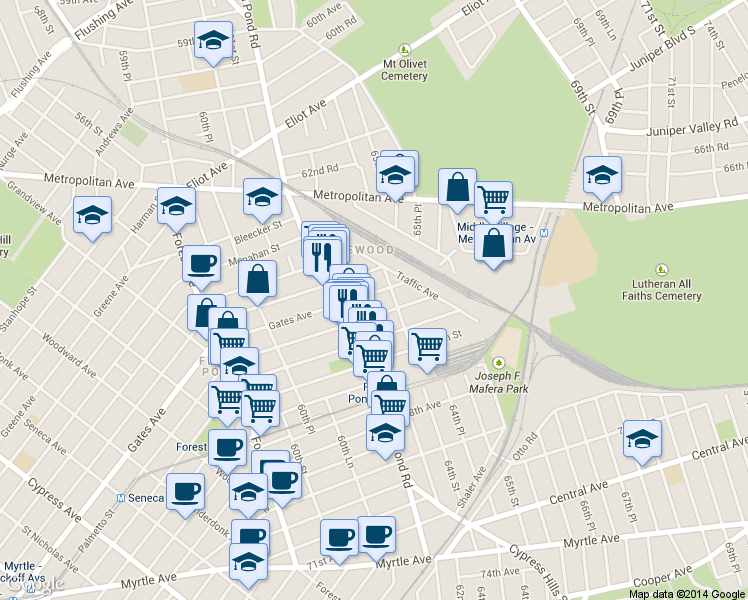 map of restaurants, bars, coffee shops, grocery stores, and more near 61-40 Gates Avenue in Queens