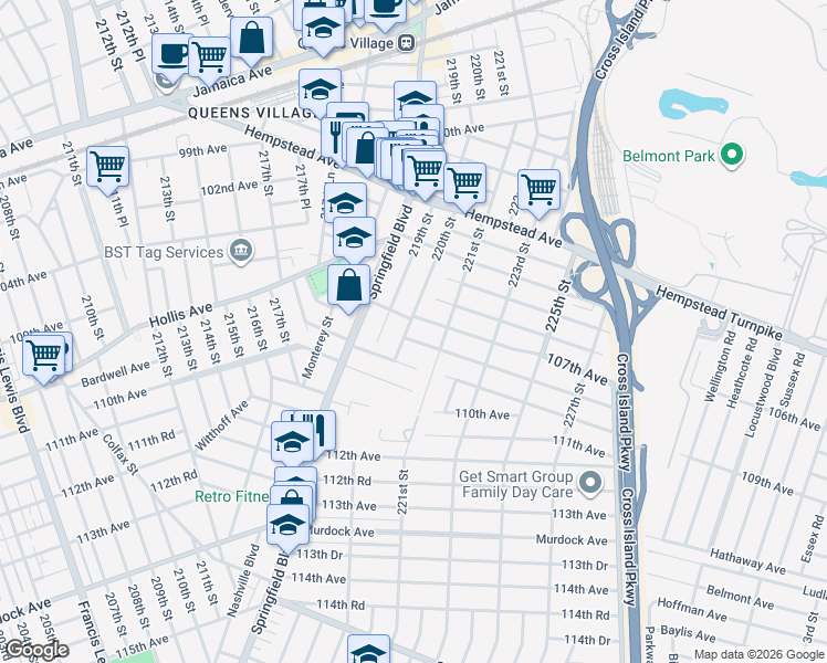 map of restaurants, bars, coffee shops, grocery stores, and more near 220-18 108th Avenue in Queens