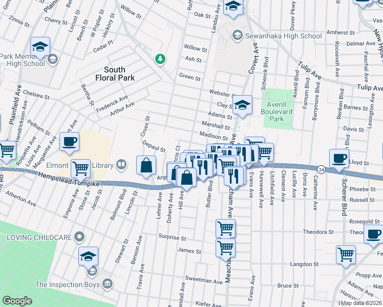map of restaurants, bars, coffee shops, grocery stores, and more near 1430 Charlotte Court in Elmont