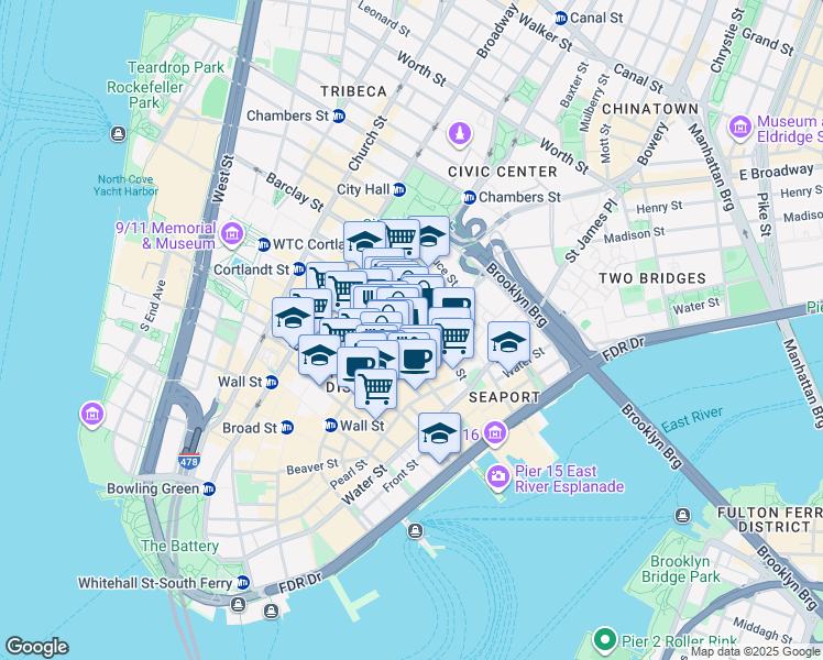 map of restaurants, bars, coffee shops, grocery stores, and more near 136 William Street in New York