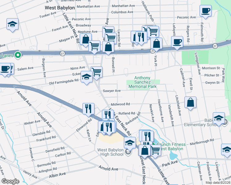 map of restaurants, bars, coffee shops, grocery stores, and more near 28 Ireland Place in West Babylon
