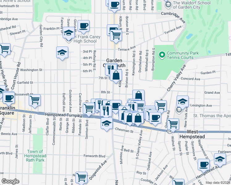 map of restaurants, bars, coffee shops, grocery stores, and more near 67 Kilburn Road South in West Hempstead