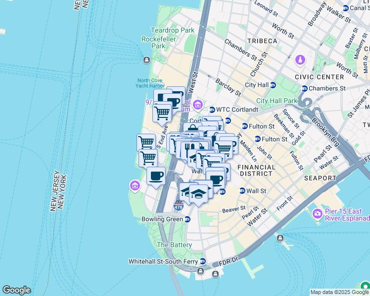 map of restaurants, bars, coffee shops, grocery stores, and more near 30 Carlisle Street in New York