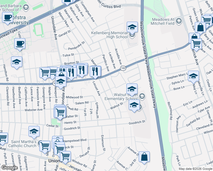 map of restaurants, bars, coffee shops, grocery stores, and more near 352 Maplegrove Avenue in Uniondale