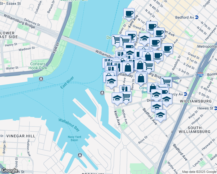 map of restaurants, bars, coffee shops, grocery stores, and more near 440 Kent Avenue in Brooklyn