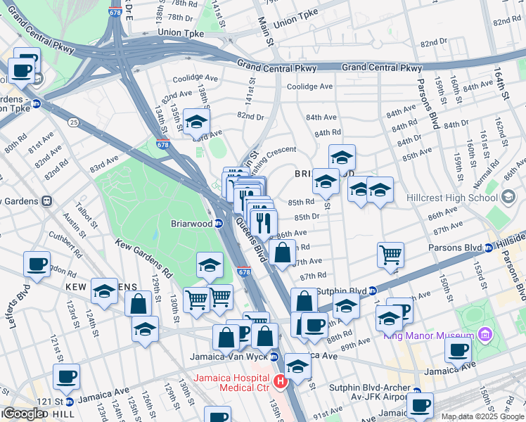 map of restaurants, bars, coffee shops, grocery stores, and more near 139-12 84th Drive in Queens