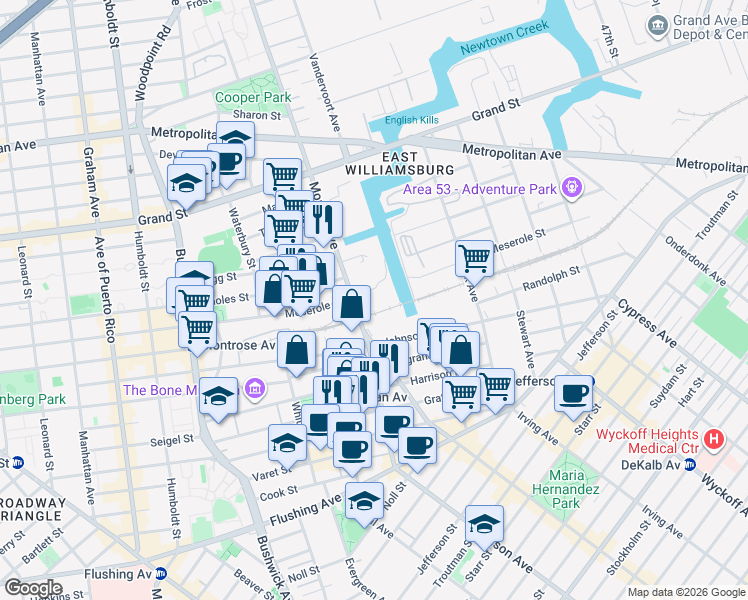 map of restaurants, bars, coffee shops, grocery stores, and more near in Brooklyn