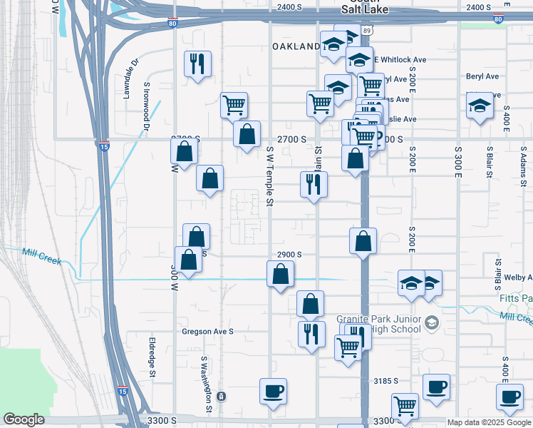 map of restaurants, bars, coffee shops, grocery stores, and more near 2852 South West Temple Street in South Salt Lake