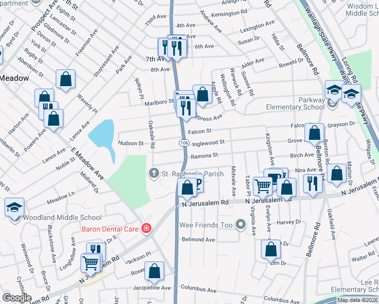 map of restaurants, bars, coffee shops, grocery stores, and more near 587 Newbridge Road in East Meadow